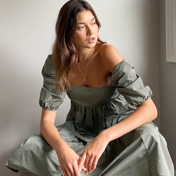 Aritzia Wilfred gray green puff sleeve Serenade midi dress - size Medium (M) - Picture 1 of 11